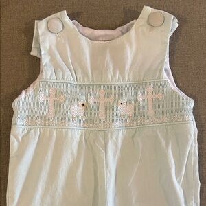 Light Blue Sleeveless Baby Longall Romper with Cross and Lamb Smocked Detail